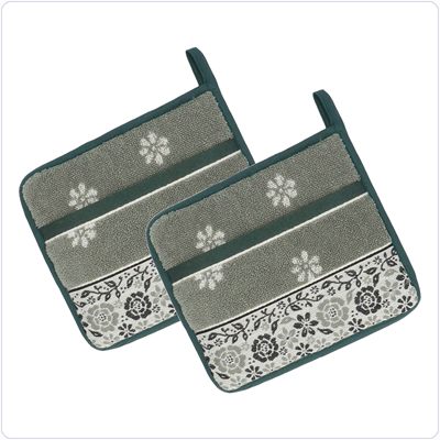 Bunzlau Setje pannenlappen Belle Fleur<br>Olijfgroen (6332)